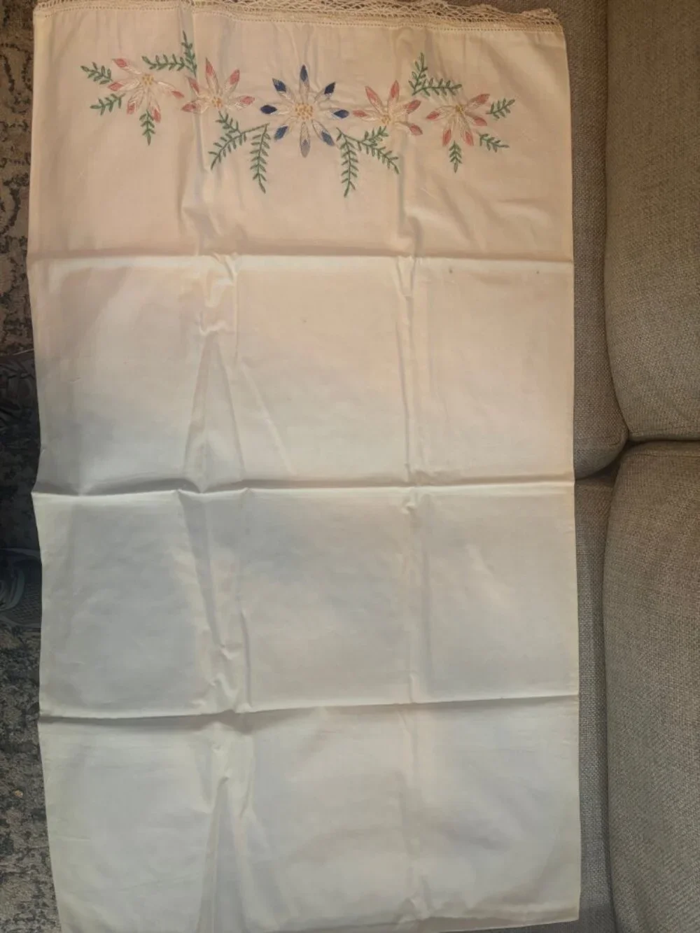 Vintage Hand Embroidered Floral Pillowcase - Crochet Lace Edge Pink Blue Flowers